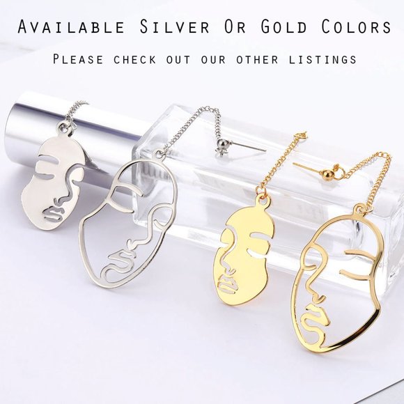 NEW Unique Abstract Hallow Face Asymmetric Stud Chain Drop Dangle Earring SILVER - Picture 8 of 8